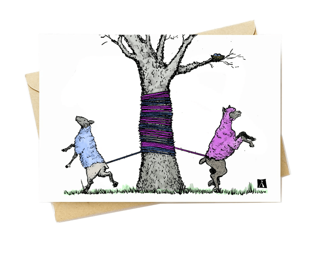 5x7 Inch  Card Of A Sheep And Alpaca Dancing Around A Tree