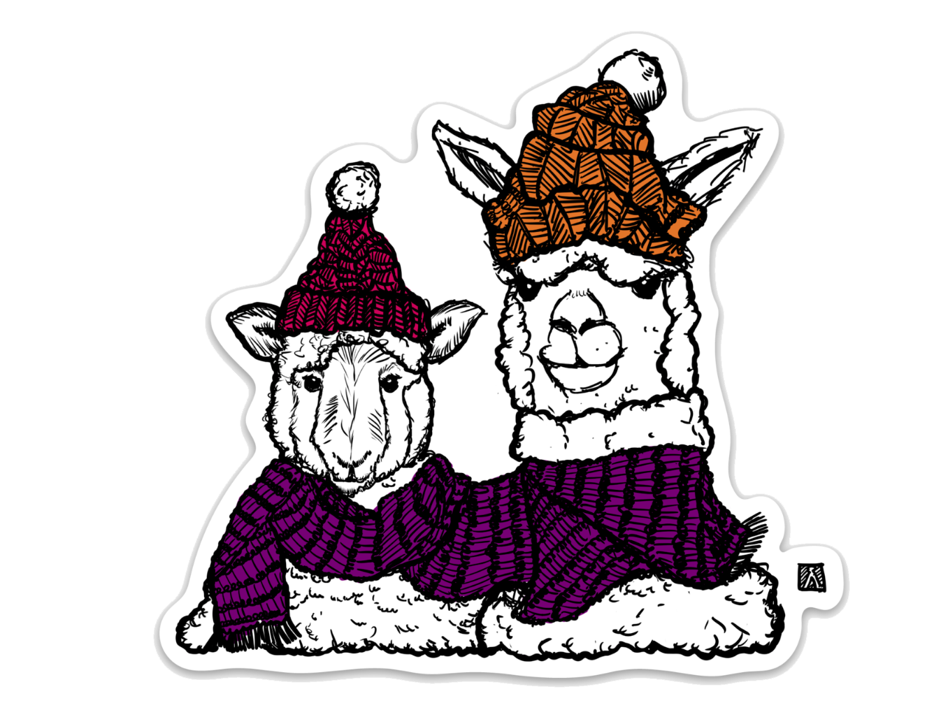 A Sheep And Alpaca Friends Together With Knitted Hats